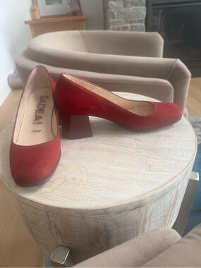 Red Suede Block Heel Pumps